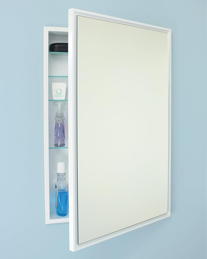 Fox Hollow Furnishings 20x30 Parker Metro Metal Framed Rectangle Recessed Bathroom Medicine Cabinet, Floating Mirror, 18x28 in-Wall Opening, Steel, Adjustable Glass Shelves, Magnet Close, White