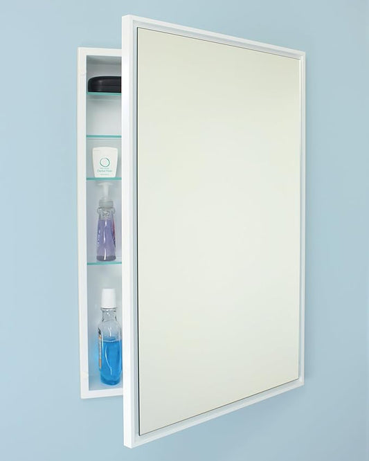 Fox Hollow Furnishings 20x30 Parker Metro Metal Framed Rectangle Recessed Bathroom Medicine Cabinet, Floating Mirror, 18x28 in-Wall Opening, Steel, Adjustable Glass Shelves, Magnet Close, White