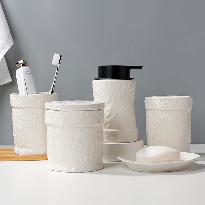 White Bathroom Accessory Set 5PCS, Ceramic Bathroom Accessories Set, Minimalist Textured Design Liquid Soap Dispenser Set Complete, Home Bathroom Decor Vanity Countertop, ANTIS'S HOME