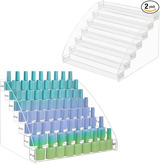 2 Packs 7 Tiers Nail Polish Holder Organizer, Multi-Level Acrylic Nail Polish Display Cases Rack, Clear Essential Oil Storage Display Stand - Hold up to 70 Bottles (2 Packs A)