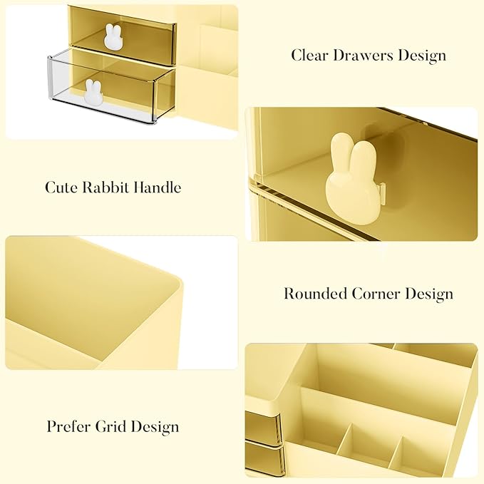 Makeup Organizer, Cosmetic Desk Storage Box with Drawers Skincare Organizers for Dressing Table, Countertop, Bathroom Counter, Vanity Holder for Brushes, Lotions, Lipstick, Perfume (Yellow-Clear)
