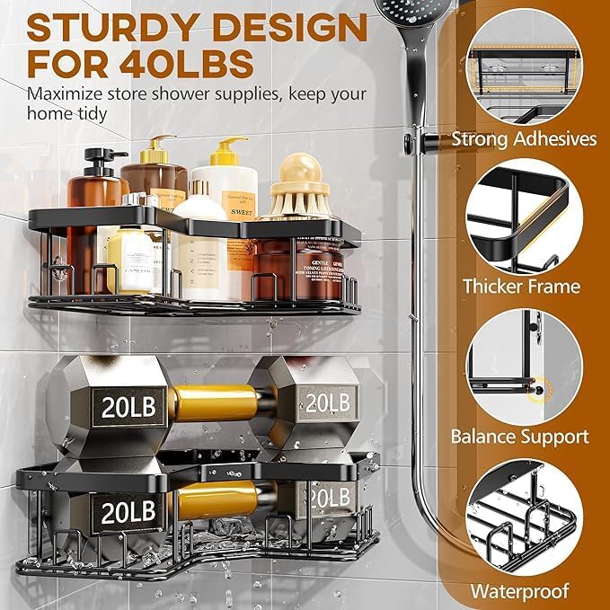 5-Pack Adhesive Shower Caddy - Rustproof Stainless Steel Bath Organizer, No-Drill Installation & Large Capacity | With Soap Dish & Toothbrush Holder, Multi-Functional Storage for Bathroom & Home Decor