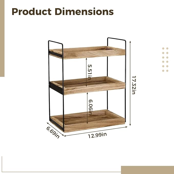 Counter Shelf, 3-Tier Wood & Metal Shelf, Bathroom Countertop Organizer, Vanity Organizers, Makeup Organizers for Bedroom, Bathroom, Kitchen, 6.7 X 13 X 17.3 in