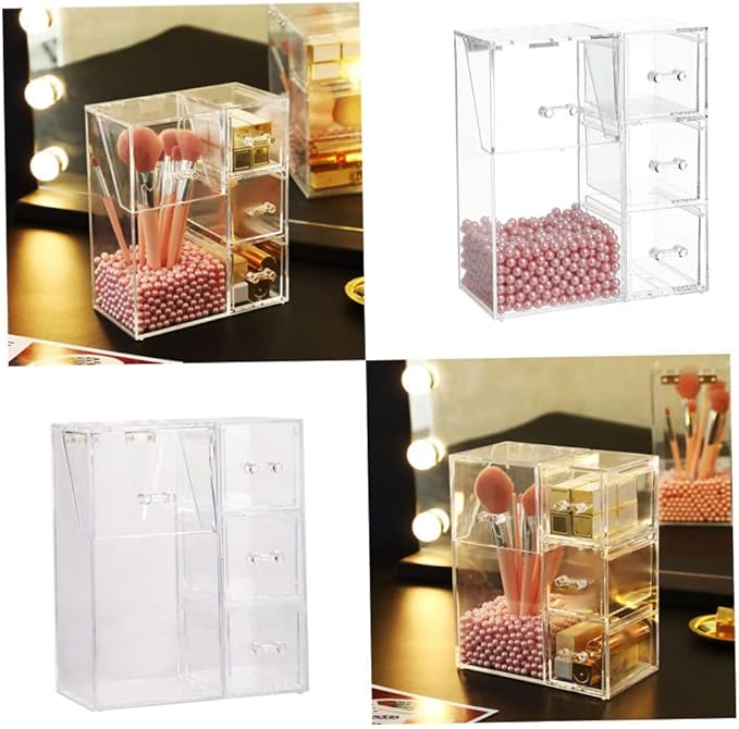 Acrylic Makeup Organizer Clear Cosmetic Brush Holder with Dustproof Lid 3 Drawers. Canisters