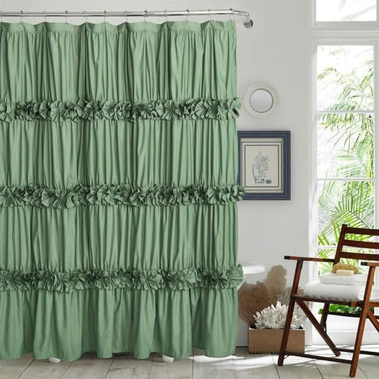 Light Green Ruffle Shower Curtain 72“ W x 84” H, Vintage Handcrafted Bow Tie Bath Curtain for Master Bathroom, Ruched Microfiber Bathroom Curtain with 12 Buttonholes (LQ-10)
