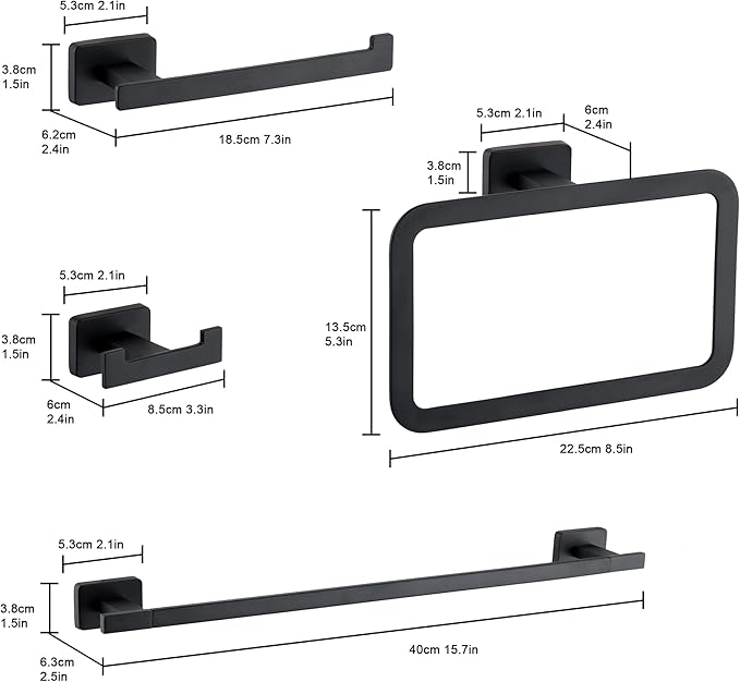 GERUIKE 4 Piece Bathroom Hardware Accessories Set,Matt Black Stainless Steel Towel Bar Sets Wall Mounted - Includes 16" Towel Bar, Square Towel Ring, Toilet Paper Holder, Robe Towel Hook