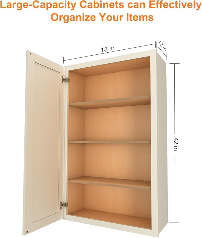ROOMTEC Wood Wall Cabinet, RTA Single Door Medicine Cabinet with Adjustable Shelves and Soft-Close Door for Kitchen, Bathroom, and Laundry. 12" D*18" W*42" H, Shaker Antique White