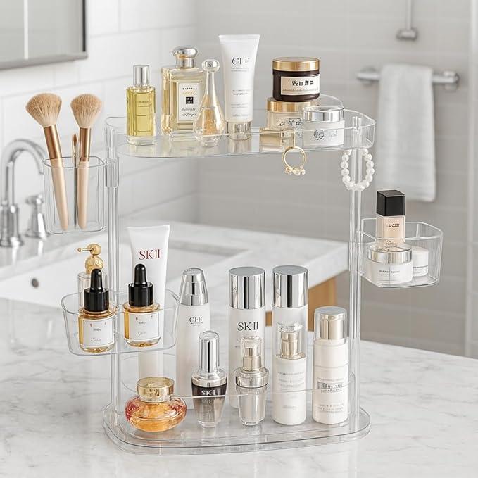 Clear Acrylic Makeup Organizer, Multi-Tier Cosmetic Storage Rack with Side Containers, Large Capacity Skincare Holder for Bathroom Counter, Vanity & Desk