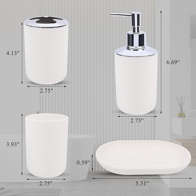 Matte White Bathroom Accessories Set, 4-Piece Plastic Bathroom Vanity Set with Soap Dispenser, Toothbrush Holder, Rinse Cup & Soap Dish, White Bathroom Counter Organizer