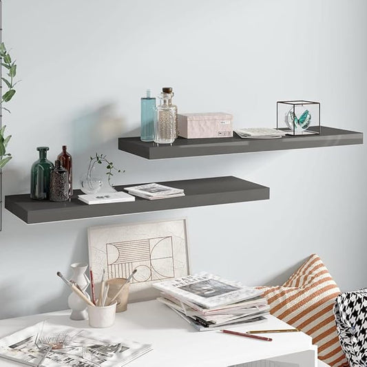 Floating Wall Shelves 2 Pack High Gloss Gray Modern Display Rack for Living Room Bedroom Office, 31.5x9.3x1.5 Inch MDF Honeycomb Structure with Invisible Mounting, Holds 22lb Each