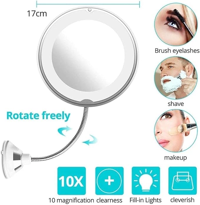Makeup Mirror with LED Light and Suction Cup 360 Degree Swivel Flexible Gooseneck 10X Magnifying Mirror Travel and Home Bathroom Vanity Mirror (White)