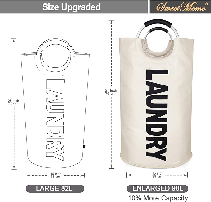 Tall Laundry Hamper Bag Collapsible, Large Laundry Basket with Sturdy Handles, Fabric Dirty Clothes Bin for Laundry, College Dorm, Boys, Man, Durable, Heavy Duty Two-Layer - White