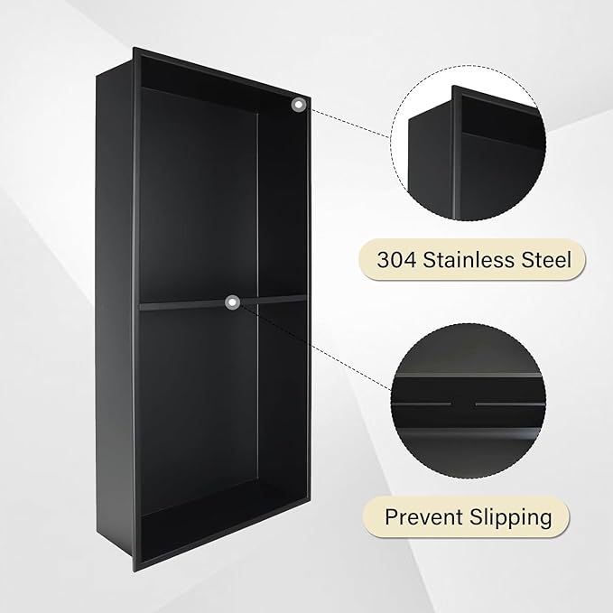 No Tile Shower Niche Stainless Steel Wall Niche 12" X 24" Two-Tier Bathroom Shelf No Tile Needed Recessed Niche Shower for Bathroom Storage, Matte Black