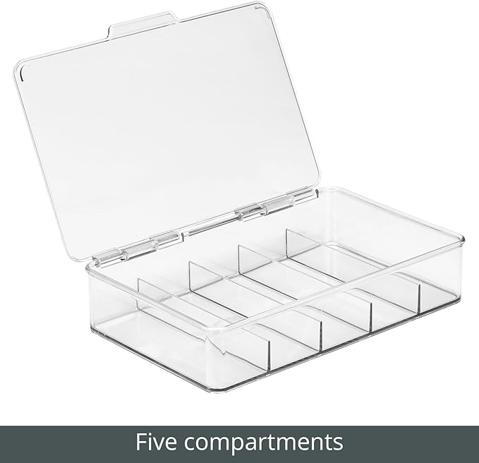 mDesign Plastic Divided Stackable Hair, Makeup & Jewelry Organizer Box with Hinge Lid for Bathroom Vanity Countertop - 5 Sections - Stores Hair Clips, Barrettes - Ligne Collection - 2 Pack - Clear