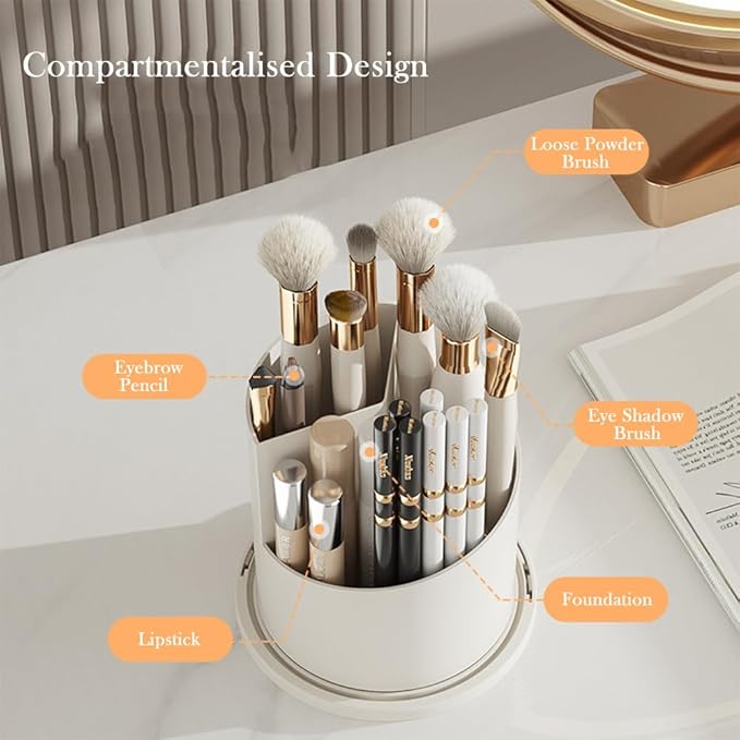 Makeup Brush Holder Organizer with Lid, 360?? Rotating Clear Dustproof Cosmetics Storage, Makeup Brushes Cup Pen Holder for Vanity Desktop Bathroom Countertop (Clear White Cap)
