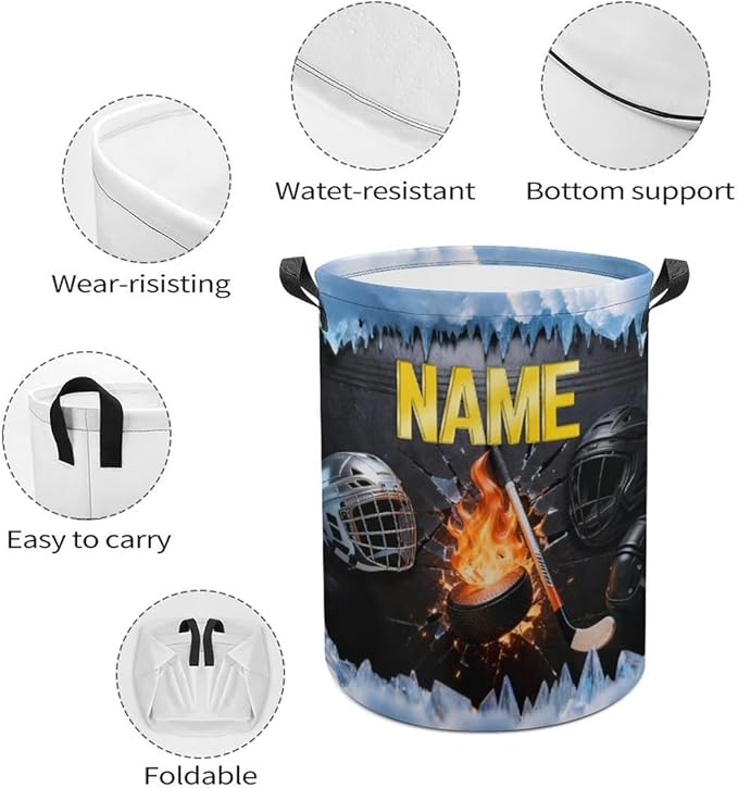 Personalized Ice Hockey Laundry Hamper Custom Name Funny Dirty Clothes Laundry Basket Portable Storage Basket For Home Bathroom Family Hockey Lovers Xmas Birthday (style 21)