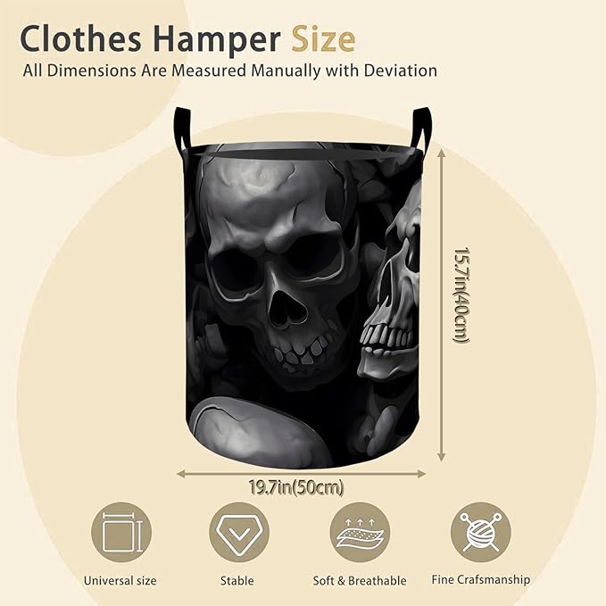 Gothic Skull Laundry Basket Hamper for Boys Girls Kids Adults, Foldable Waterproof Oxford Clothes Storage Bin, Dark Horror Skeleton Organizer for Bedroom Bathroom Room Decor 19.7"x15.8"