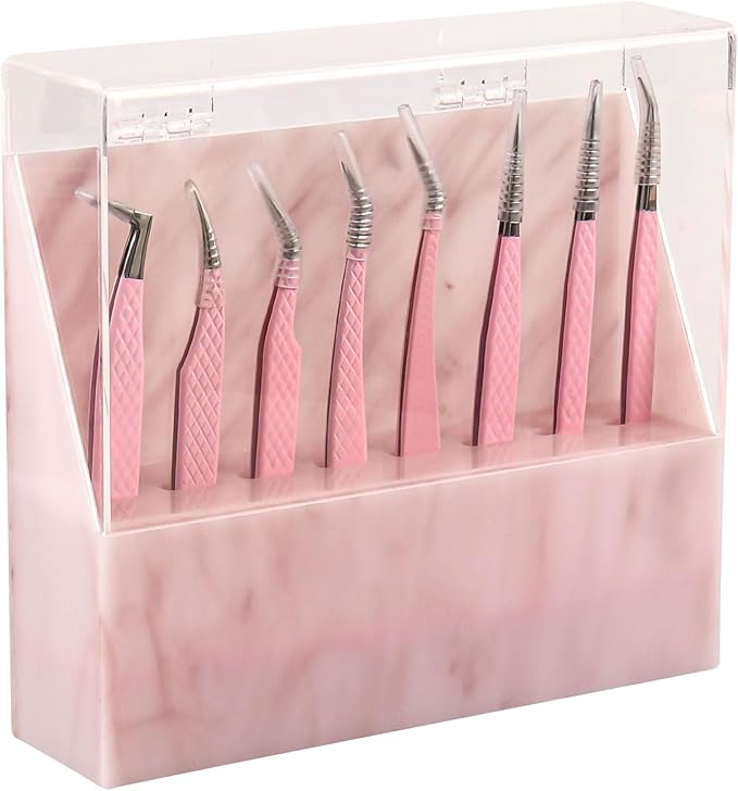 8 Holes Dust proof Tweezer Storage Rack,Acrylic Tweezer Display Stand Holder Eyelash Extension Supplies Lash Accessories Tools (Marble Pink)