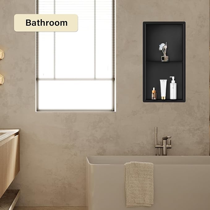 No Tile Shower Niche Stainless Steel Wall Niche 12" X 24" Two-Tier Bathroom Shelf No Tile Needed Recessed Niche Shower for Bathroom Storage, Matte Black