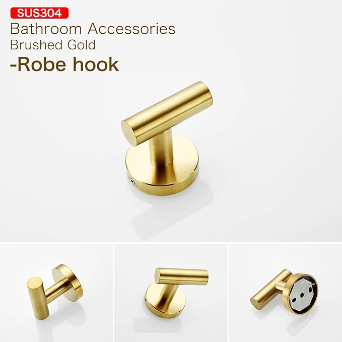 Bathroom Hardware Accessories Set Adjustable Brushed Gold Towel Bar Set 18in Stainless Steel Wall-Mounted Round 4-Piece Bath Towel Bar Set