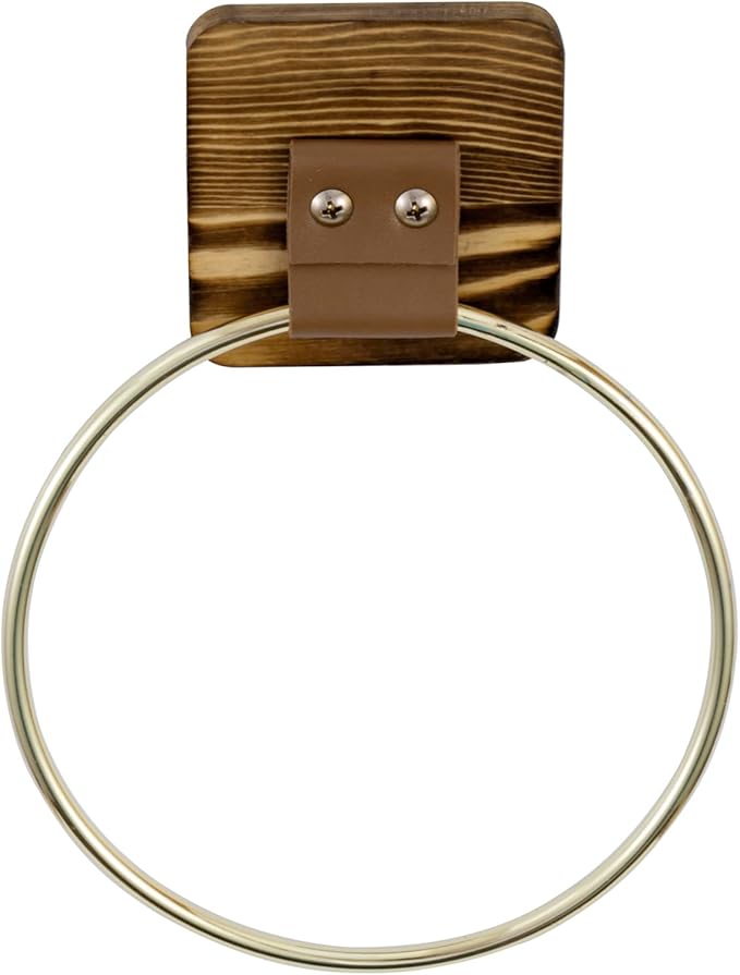 MyGift Brass Tone Hand Towel Ring, Hanging Bathroom Washcloth Towel Holder Rack, Metal with Brown Leatherette Strap and Burnt Wood Wall Mounted