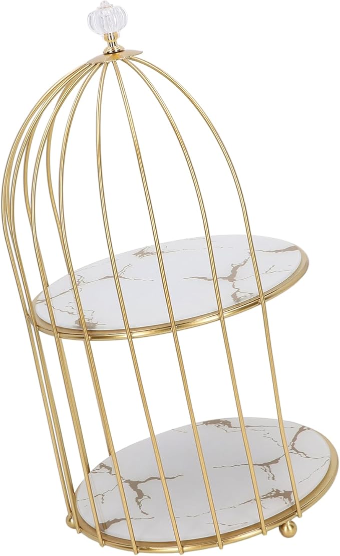 Double Layer Storage Shelf Bird Cage Organizer Display Rack for Bathroom Countertop Dressing Table Gold Frame (White Base Gold Pattern)