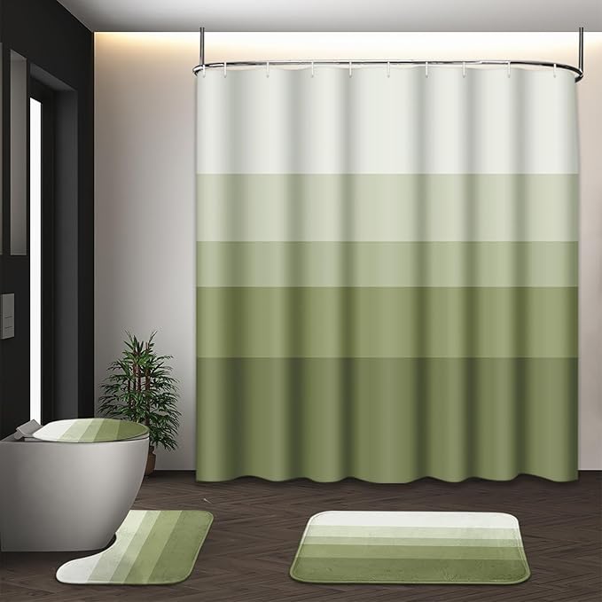 Striped Green Shower Curtain Set with Toilet Lid Cover and Non-Slip Rugs for Bathroom, Minimalist Neutral Ombre 4 Pcs Shower Curtain, Modern Bathroom Set with 12 Hooks