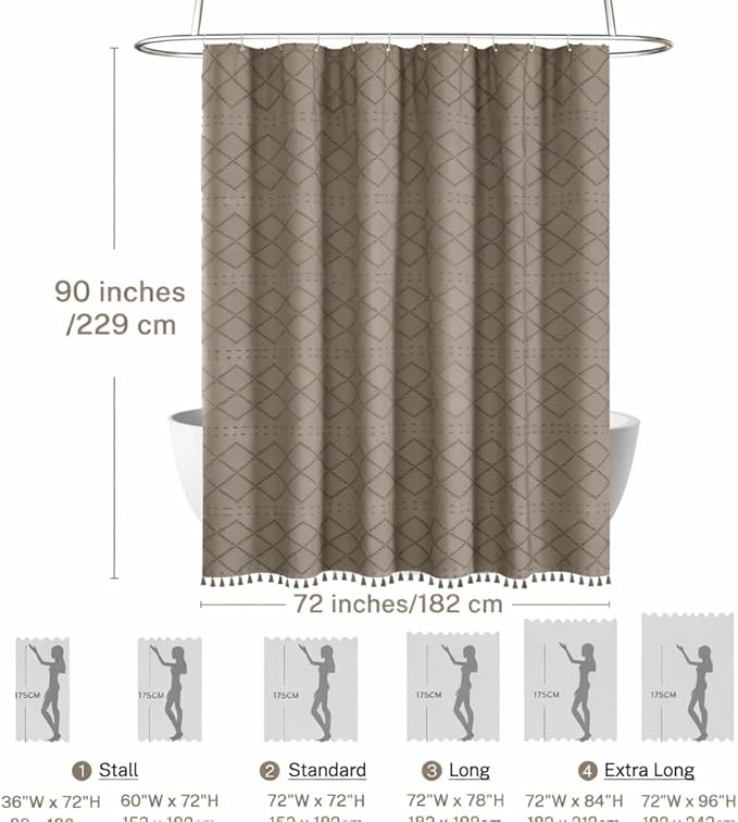 Extra Long Boho Shower Curtain with Tassels 72 x 90, Khaki