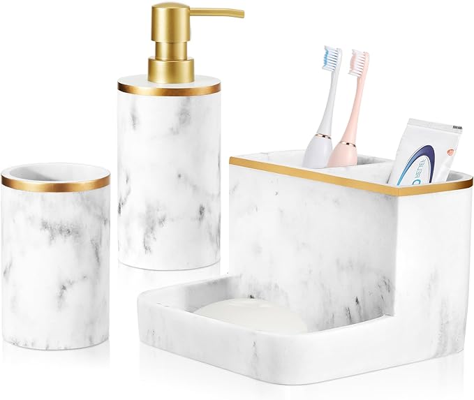 Shinowa Bathroom Accessories Set, Marble Look Toothbrush Holder and Soap Dispenser Set, Bathroom Countertop Décor Sets with Lotion Dispenser Soap Pump, Tumbler, Bathroom Organizer Accessories