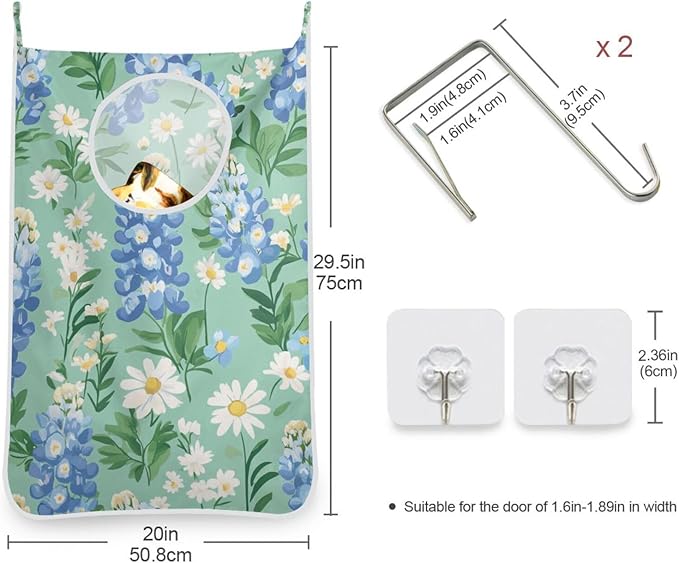 Mint Green Bluebonnet and Daisies Hanging Laundry Hamper Door Hampers Bag Basket with Stainless Steel Hooks Oxford Fabric Printing Decorative Clothes Bags 29.5X20inch 1Pack
