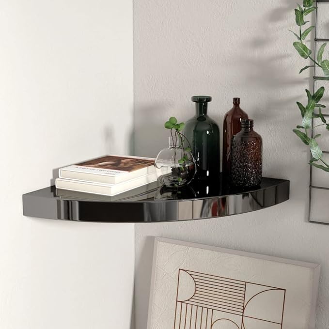 Floating Corner Shelf High Gloss Black 13.8x13.8 Wall Mount Display Storage for Bathroom Kitchen Living Room Decor Modern Home Organizer