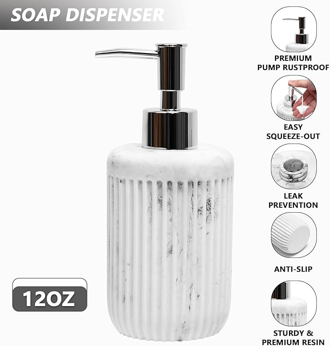 XLHOMO Resin White Marble Bathroom Accessories Set 5 Pcs, Lotion Soap Dispenser, Toothbrush Holder, Bathroom Tumbler, Qtip Holder and Vanity Tray, Bathroom Countertop Organizer Set for Home Apartment