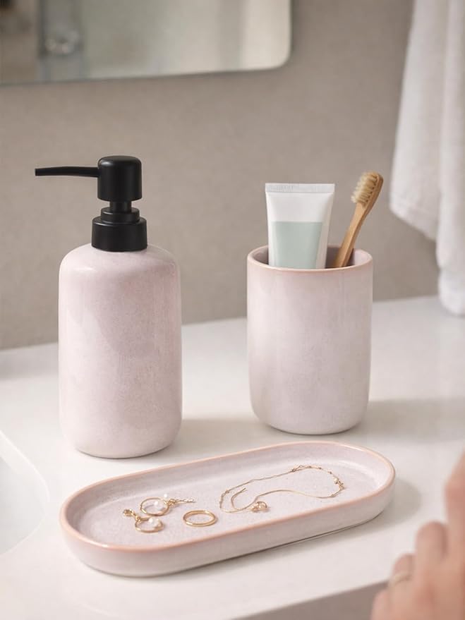 Ceramic Bathroom Accessories Set, Light Pink Glossy Soap Dispenser 15.5oz & Toothbrush Holder 10.6oz with Tray, Modern Countertop Set for Bathroom, Vanity, Kitchen Sink