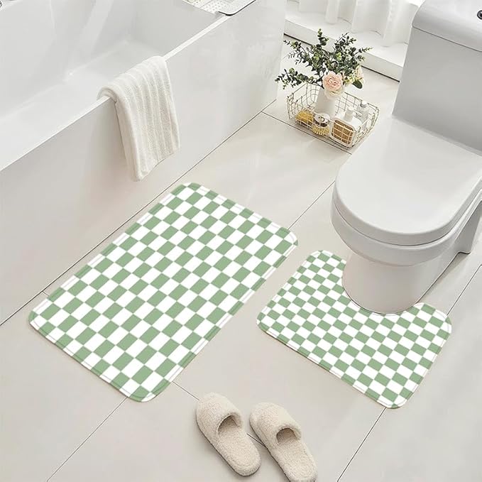 4 PCS Checkered Shower Curtain Sets Fun Gingham Bathroom Sets Soft Non Slip Bath Rugs Toilet Cover U-Shaped Mat Retro Bright Waterproof Shower Curtains with 12 Hooks for Tub Toilet, Green