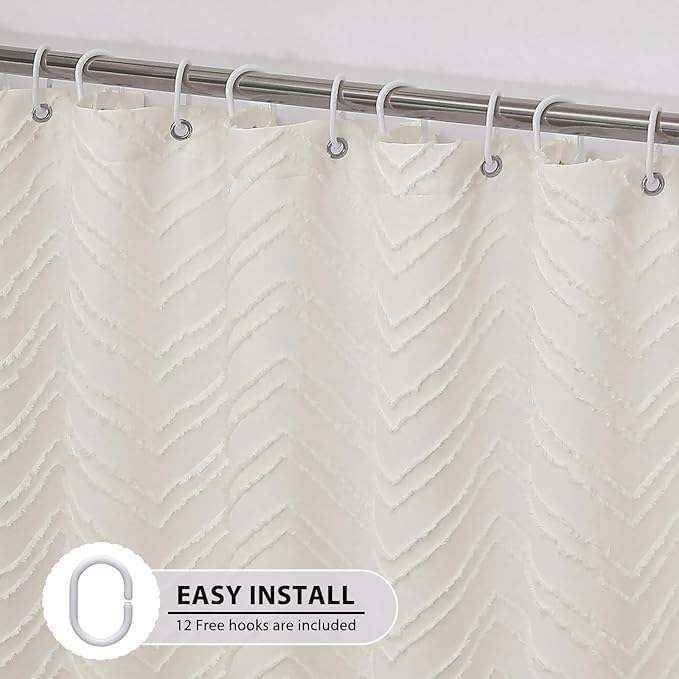OVZME Beige Shower Curtain Fabric for Bathroom, Soft Fabric Shower Curtain Hotel Quality, Textured Tufted Chevron Striped Premium Polyester Protect Privacy Bath Decor, 36Wx72L Inches