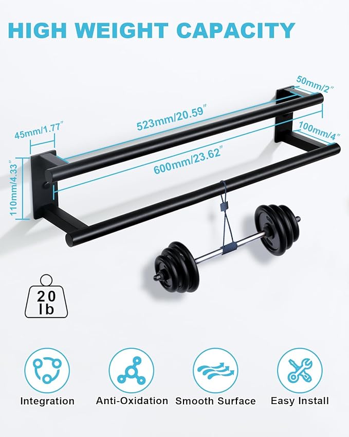 Alise Bathroom Double Towel Bar, 24 Inch Wall Mount Towel Holder, Towel Racks for Bathroom, SUS304 Stainless Steel Towel Hanger, Thickened Pipe with Strong Load-Bearing Capacity, Matte Black