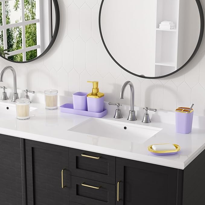 XLHOMO Bathroom Set - Purple Bathroom Sets with Shower Curtain and Rugs, 24PCS Shower Curtain Set with Hooks, Soap Dispenser, Soap Dish, Toilet Brush Holder and Trash Can for Housewarming