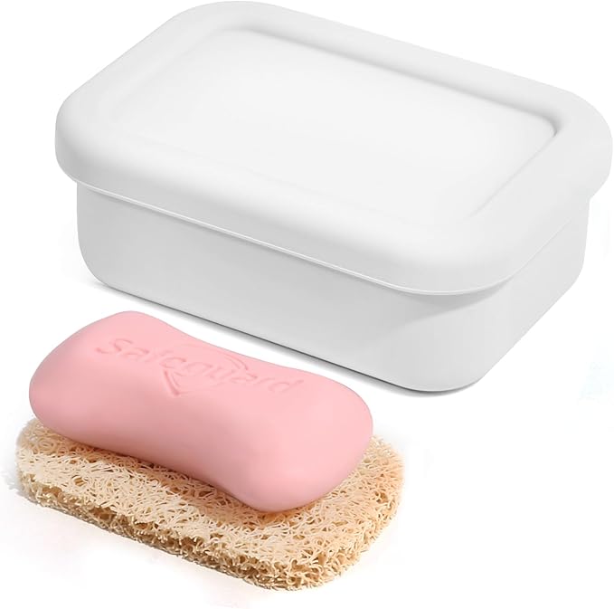 HighHerz Leak Proof Silicone Travel Soap Case with Draining Tray - Bar Soap Holder for Travel, Gym & Camping - Mess-Free Portable Soap Container for Carry-on Bags (White)
