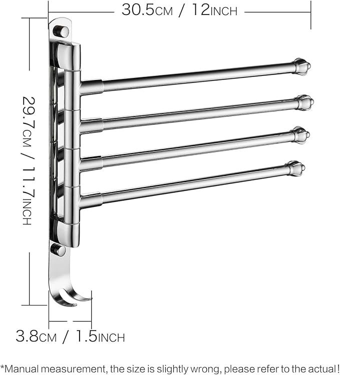 Chrome Rotating Towel Rack Stainless Steel Adjustable Towel Rack Bathroom Towel Rack 12 * 1.5 * 11.7inch Suitable for Bathroom, Bedroom, Balcony Removable Towel bar (electroplated, Four Poles)