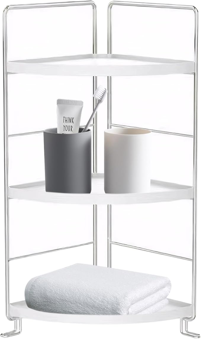 Corner Bathroom Counter Organizer, 3-Tier Fan-Shaped Corner Counter Shelf, Cosmetic & Makeup Storage White Bathroom Shelf for Kitchen Supplies