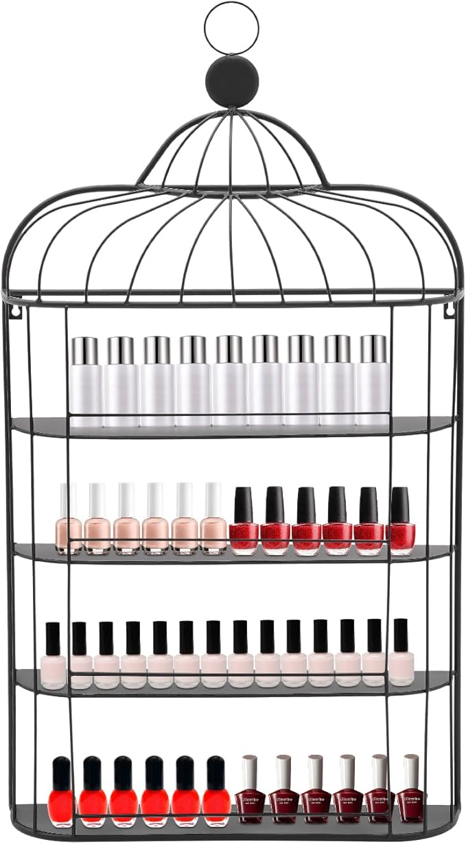 Nail Polish Organizer Wall Mounted, 4-Tier Nail Polish Storage Rack, Metal Nail Polish Storage Holder, Multifunctional Organizer for Essential Oil Perfume Lipsticks at Home Salon Spa(Black)