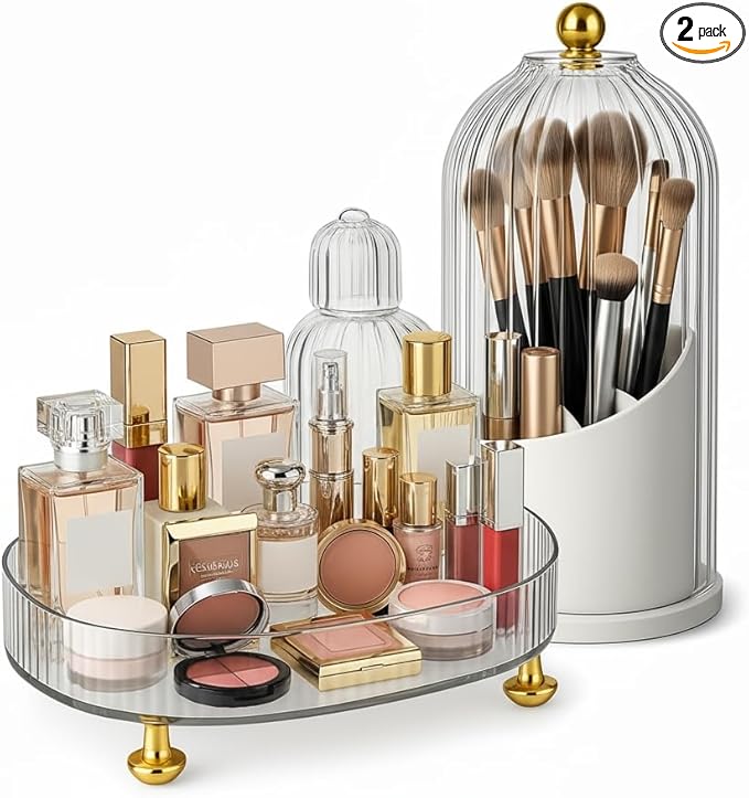 Makeup Organizer 2-Pack, Clear Makeup Brush Holder with Lid + Rotating Tray, Countertop Use, Cosmetic Storage, Make Up Organizers for Counter, Make Up Brush Holder Set for Bathroom Vanity & Dresser