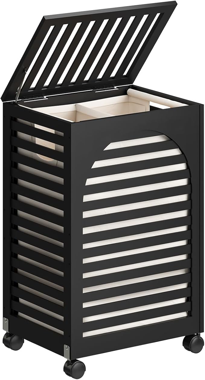 Black Laundry Hamper with Wheels, Laundry Basket with Lid, 22.5 Gallon (85L) Bamboo Wood Clothes Laundry Hamper 2 Section with Handles, Removable Liner