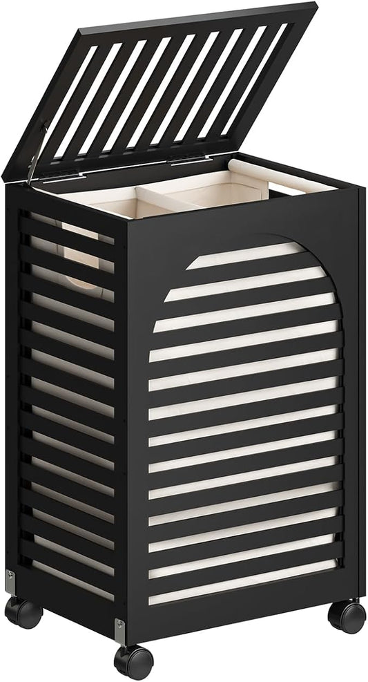 Black Laundry Hamper with Wheels, Laundry Basket with Lid, 22.5 Gallon (85L) Bamboo Wood Clothes Laundry Hamper 2 Section with Handles, Removable Liner