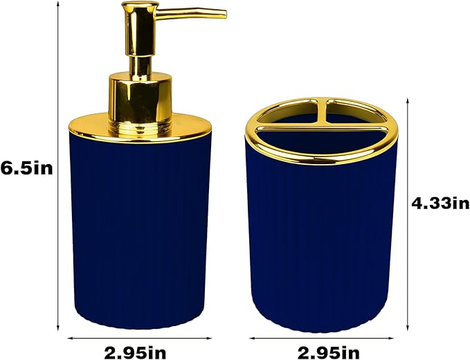 Bathroom Accessories Set, 2-Piece Navy Blue & Gold Soap Dispenser & Toothbrush Holder, Modern ABS Vanity Organizer for Countertop, Minimalist Bathroom Decor
