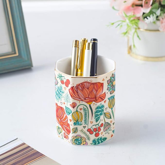 Ceramic Pen Holder For Desk Cute Flower Stand Aesthetic Floral Pencil Cup Pot Desk Organizer Makeup Brush Holder Gift for Girls Women (Flower)