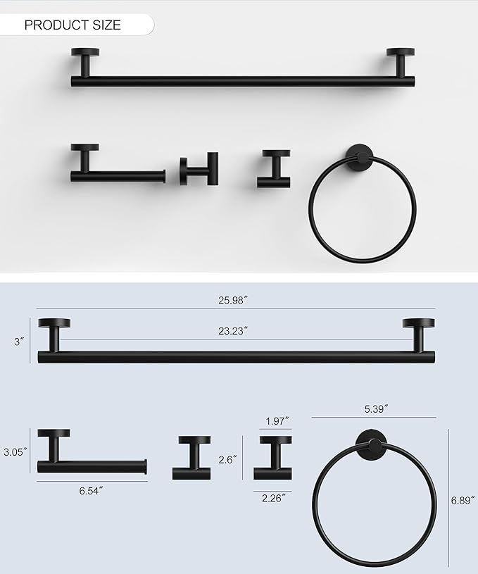 Matte Black Bathroom Hardware Accessories Set 5 Pcs SUS304 Stainless Steel Towel Rack and Toilet Paper Holder Set 26 Inch Towel Bar Set Wall Mounted by HOMEMYSTIQUE
