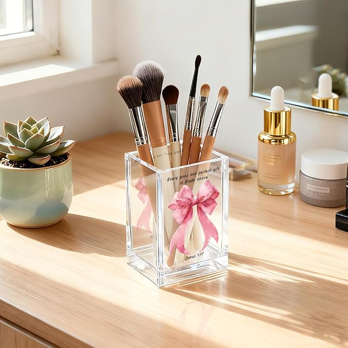 Every Good And Perfect Gifts Is From Above Acrylic Cosmetic Holder, Pink Bow Clear Makeup Brush Holder Countertop, James 1:17 Christian Bible Verses Birthday Gifts for Women Girlfriend Her