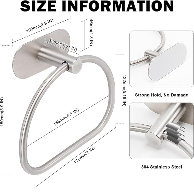 Livabber Towel Ring for Bathroom, 304 Stainless Steel Hand Towel Holder, Heavy Duty Towel Hanger for Bath, Kitchen, Hotel (4″ Self-Adhesive Base, Brushed Nickel)
