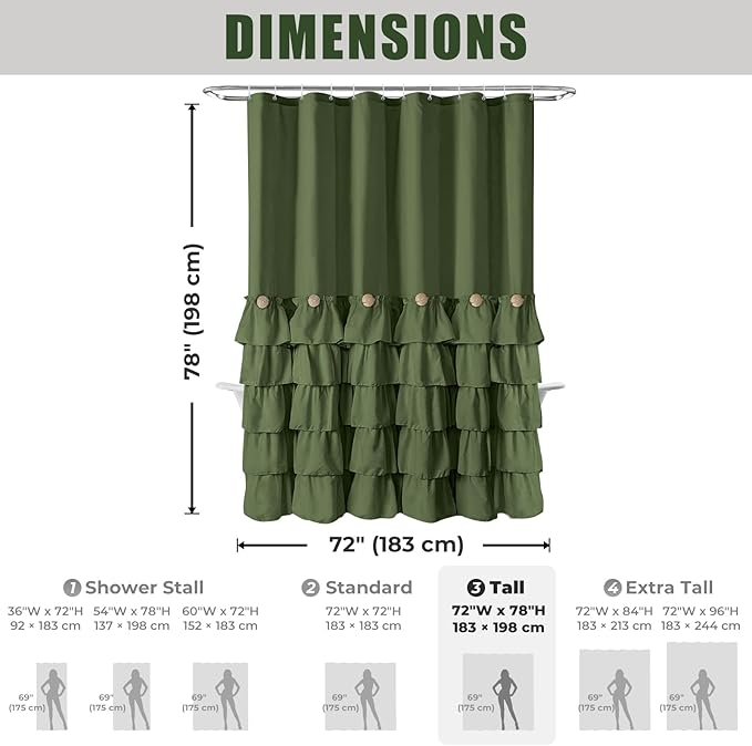Seasonwood Sage Green Shower Curtain for Bathroom Cute Ruffle Shower Curtain 72 X 78 Inches Farmhouse Shower Curtains with Buttons & Green Ruffles